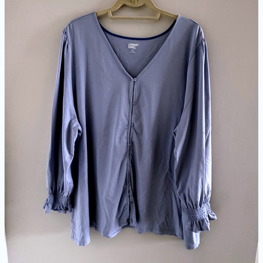 Lands End V-Neck Button Front Smocked Cuff Long Sleeve Knit Top 3X Cottage Comfy